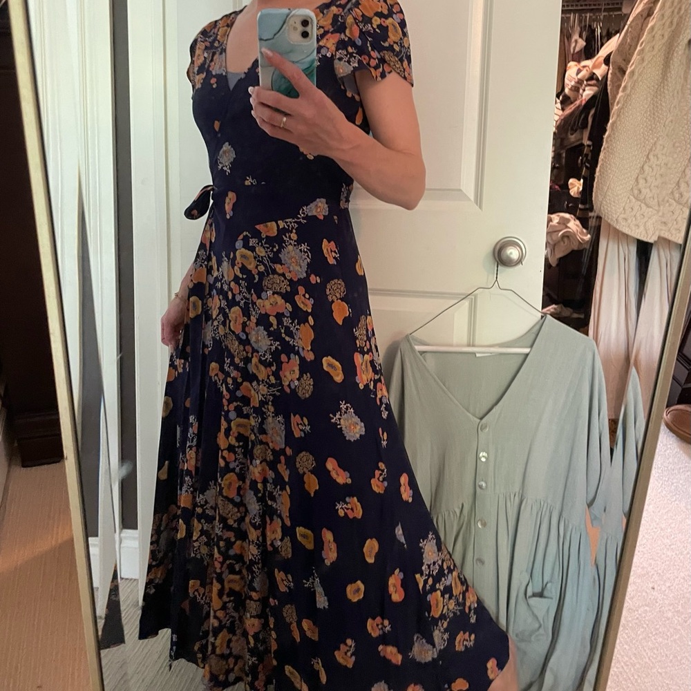 Free People Blue and Gold Flutter Sleeve Maxi Dress